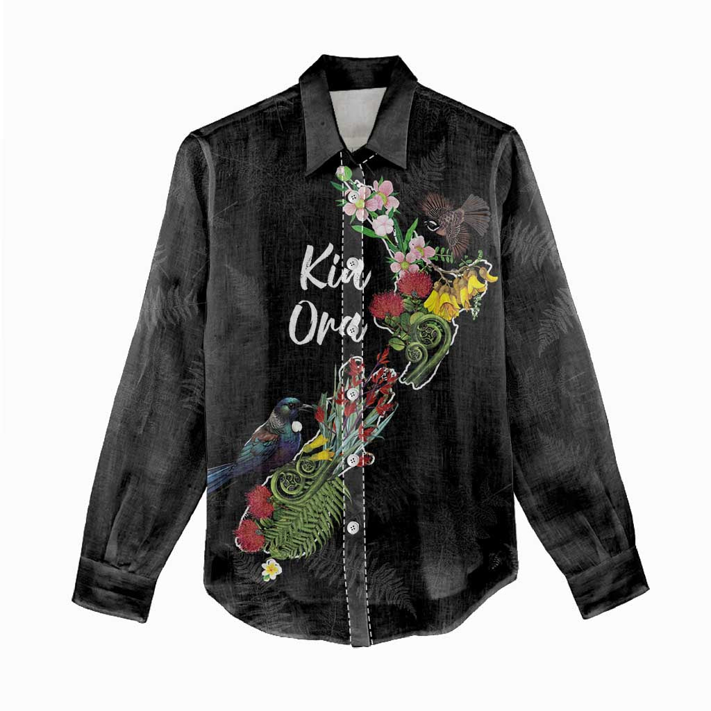 Kia Ora New Zealand Floral Personalized Women Casual Shirt Black - Polynesian Pride