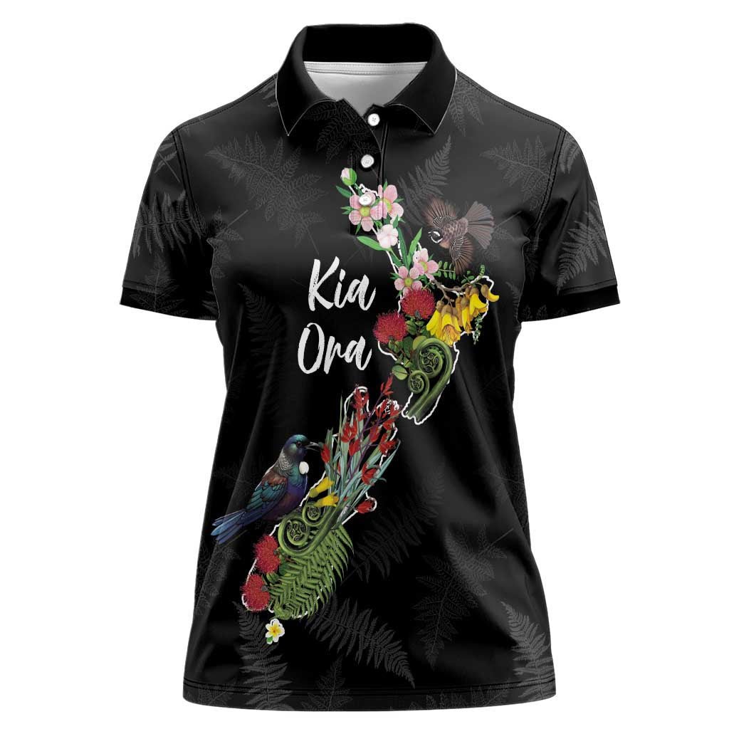 Kia Ora New Zealand Floral Personalized Women Polo Shirt Black - Polynesian Pride