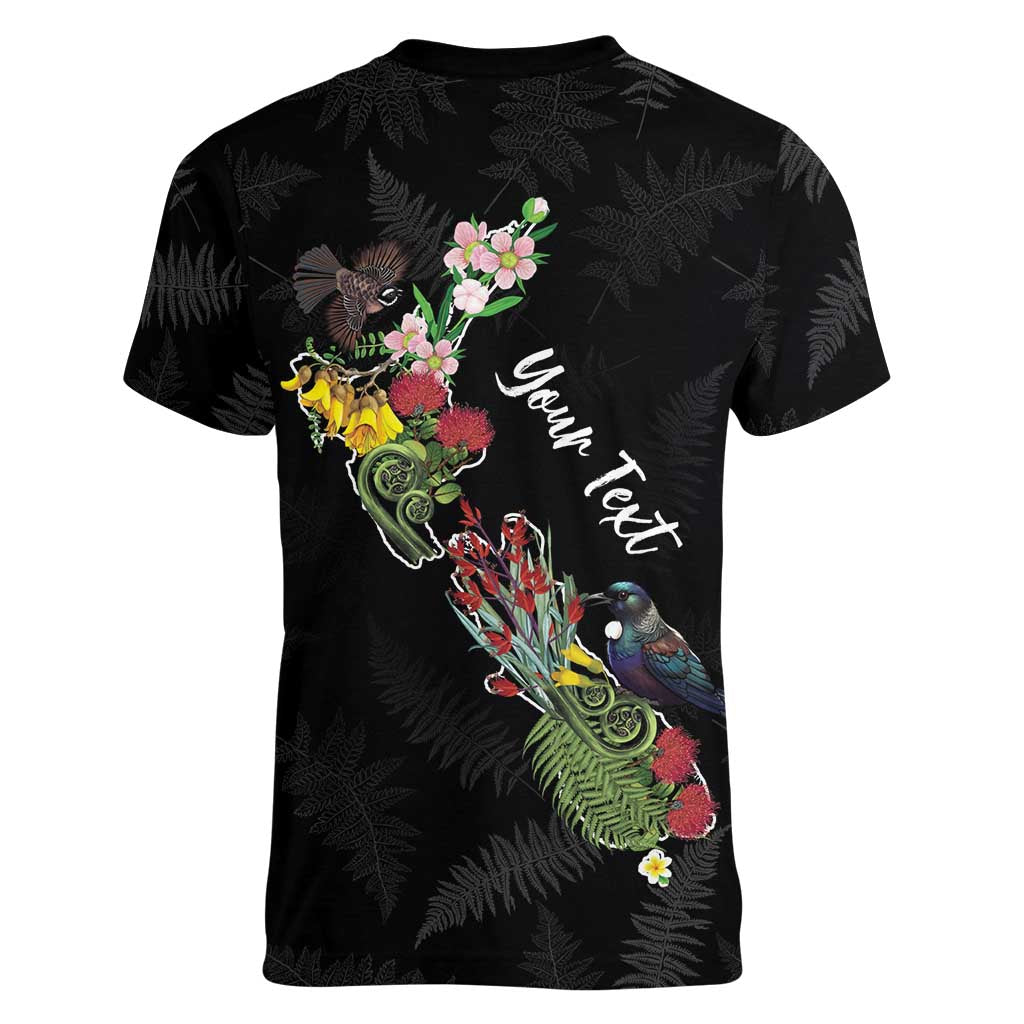 Kia Ora New Zealand Floral Personalized Women V-Neck T-Shirt Black - Polynesian Pride