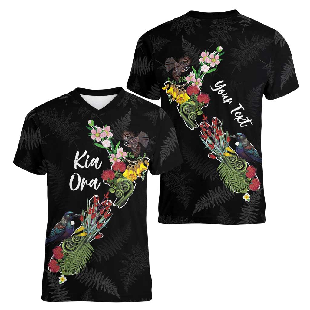 Kia Ora New Zealand Floral Personalized Women V-Neck T-Shirt Black - Polynesian Pride