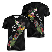 Kia Ora New Zealand Floral Personalized Women V-Neck T-Shirt Black - Polynesian Pride