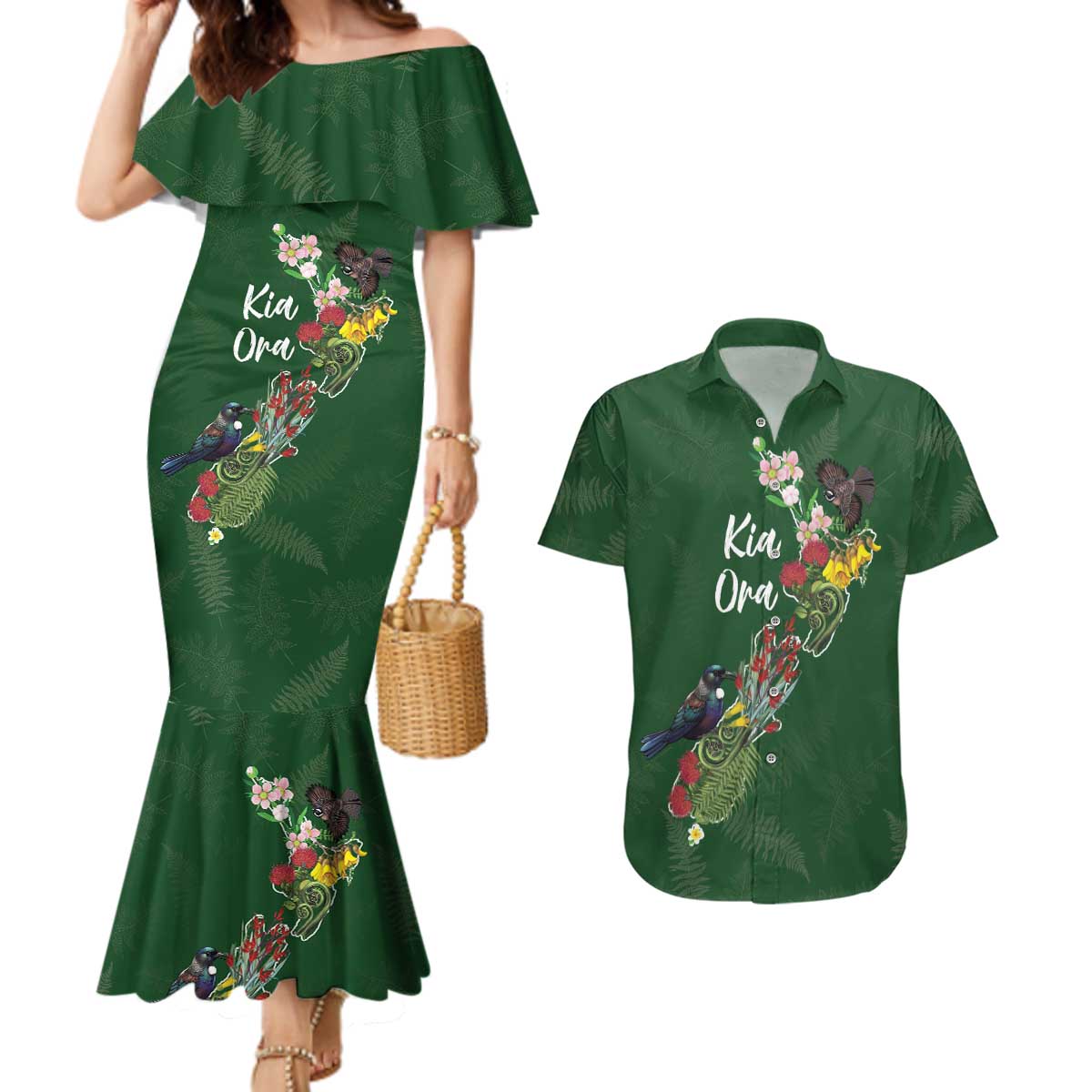 Kia Ora New Zealand Floral Personalized Couples Matching Mermaid Dress and Hawaiian Shirt Sage Green LT7 Sage Green - Polynesian Pride