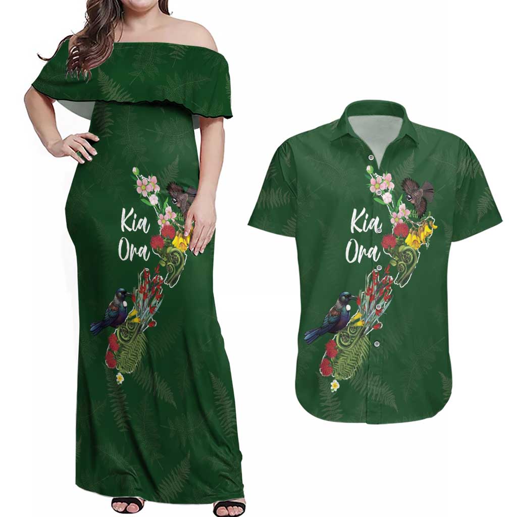 Kia Ora New Zealand Floral Personalized Couples Matching Off Shoulder Maxi Dress and Hawaiian Shirt Sage Green - Polynesian Pride