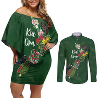 Kia Ora New Zealand Floral Personalized Couples Matching Off Shoulder Short Dress and Long Sleeve Button Shirt Sage Green LT7 Sage Green - Polynesian Pride