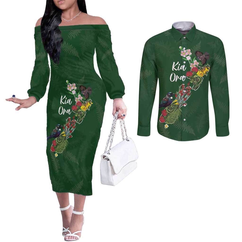 Kia Ora New Zealand Floral Personalized Couples Matching Off The Shoulder Long Sleeve Dress and Long Sleeve Button Shirt Sage Green LT7 Sage Green - Polynesian Pride