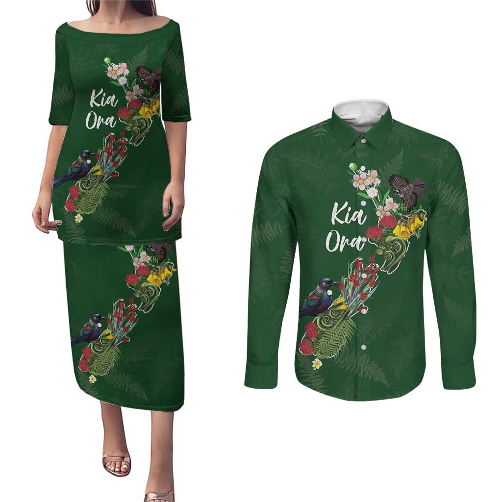 Kia Ora New Zealand Floral Personalized Couples Matching Puletasi and Long Sleeve Button Shirt Sage Green - Polynesian Pride