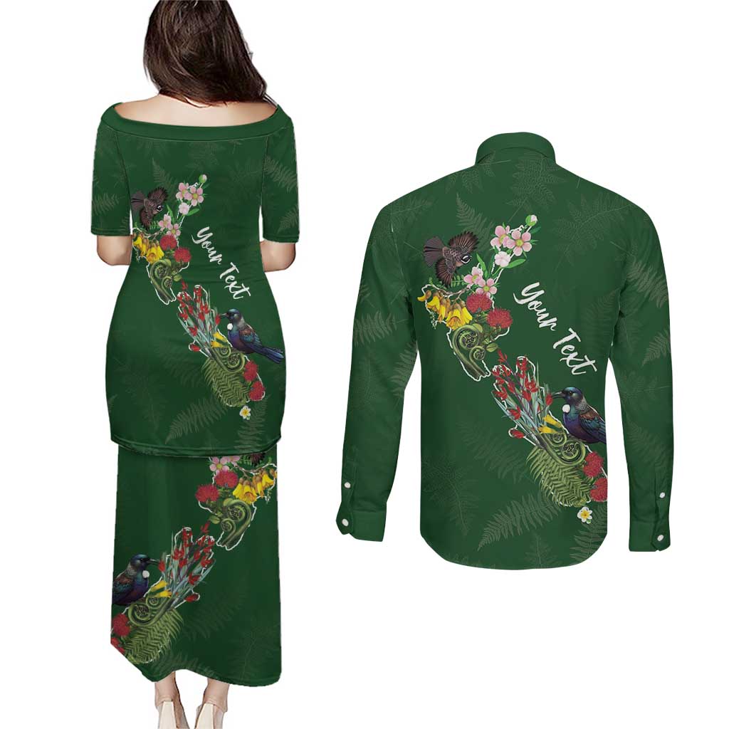 Kia Ora New Zealand Floral Personalized Couples Matching Puletasi and Long Sleeve Button Shirt Sage Green - Polynesian Pride