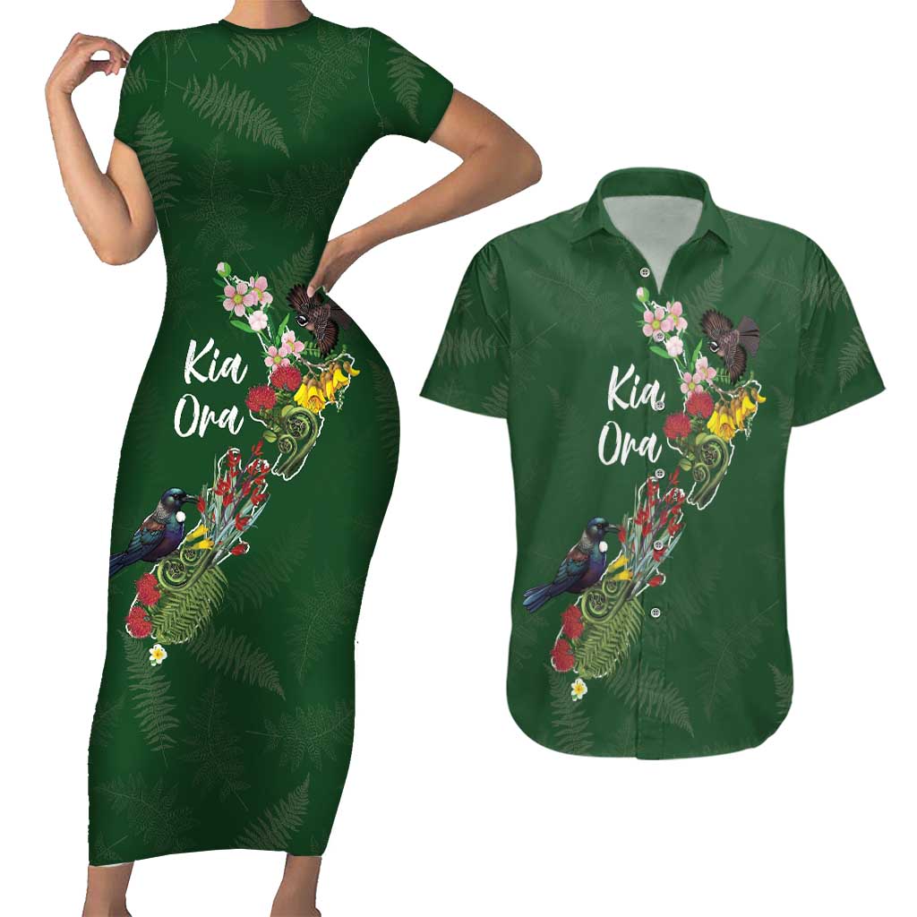 Kia Ora New Zealand Floral Personalized Couples Matching Short Sleeve Bodycon Dress and Hawaiian Shirt Sage Green LT7 Sage Green - Polynesian Pride