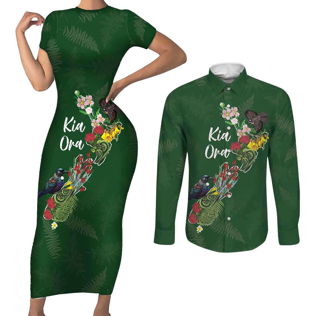 Kia Ora New Zealand Floral Personalized Couples Matching Short Sleeve Bodycon Dress and Long Sleeve Button Shirt Sage Green - Polynesian Pride