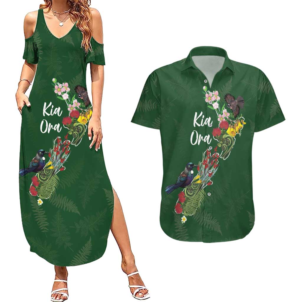 Kia Ora New Zealand Floral Personalized Couples Matching Summer Maxi Dress and Hawaiian Shirt Sage Green - Polynesian Pride
