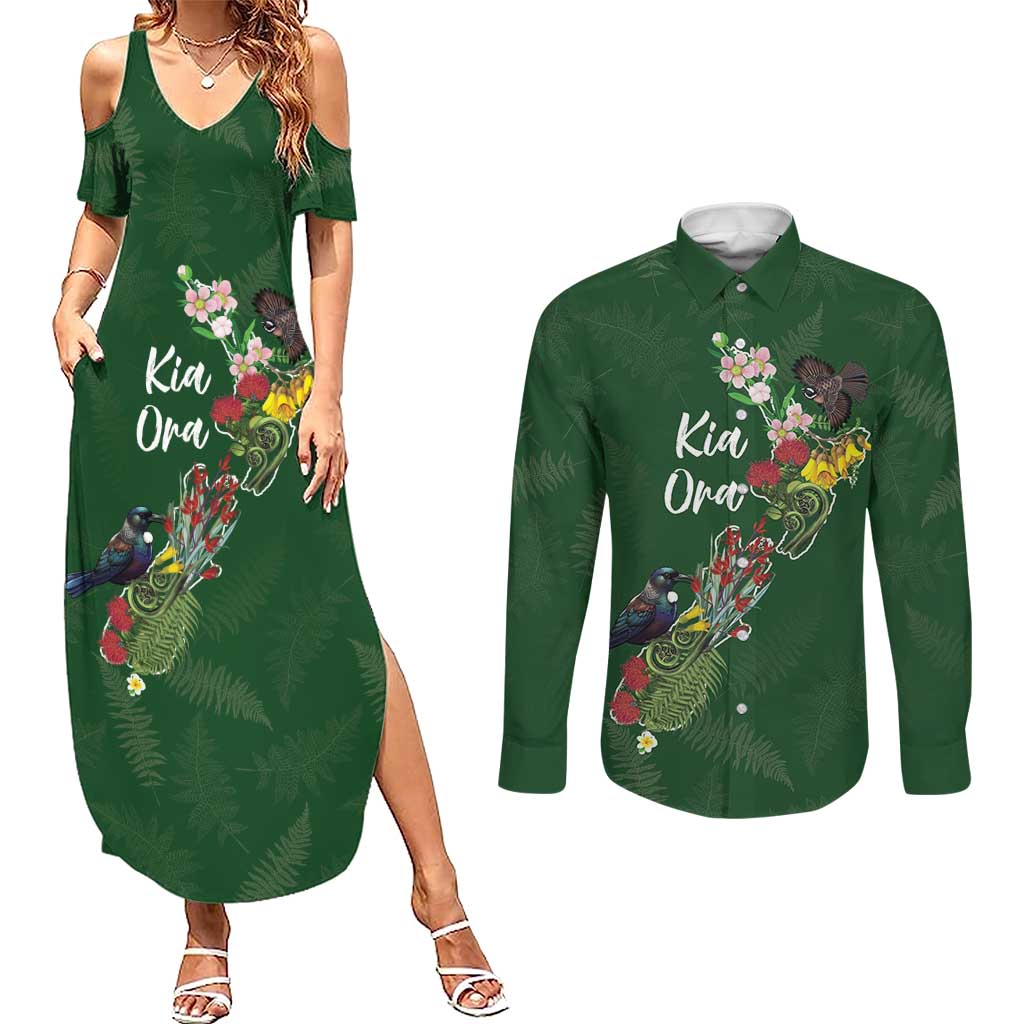 Kia Ora New Zealand Floral Personalized Couples Matching Summer Maxi Dress and Long Sleeve Button Shirt Sage Green - Polynesian Pride
