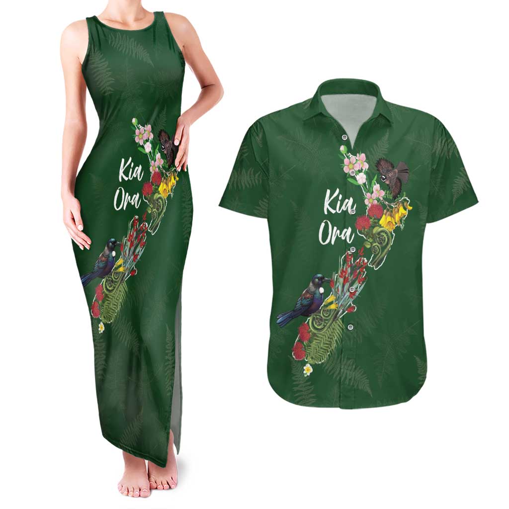 Kia Ora New Zealand Floral Personalized Couples Matching Tank Maxi Dress and Hawaiian Shirt Sage Green LT7 Sage Green - Polynesian Pride