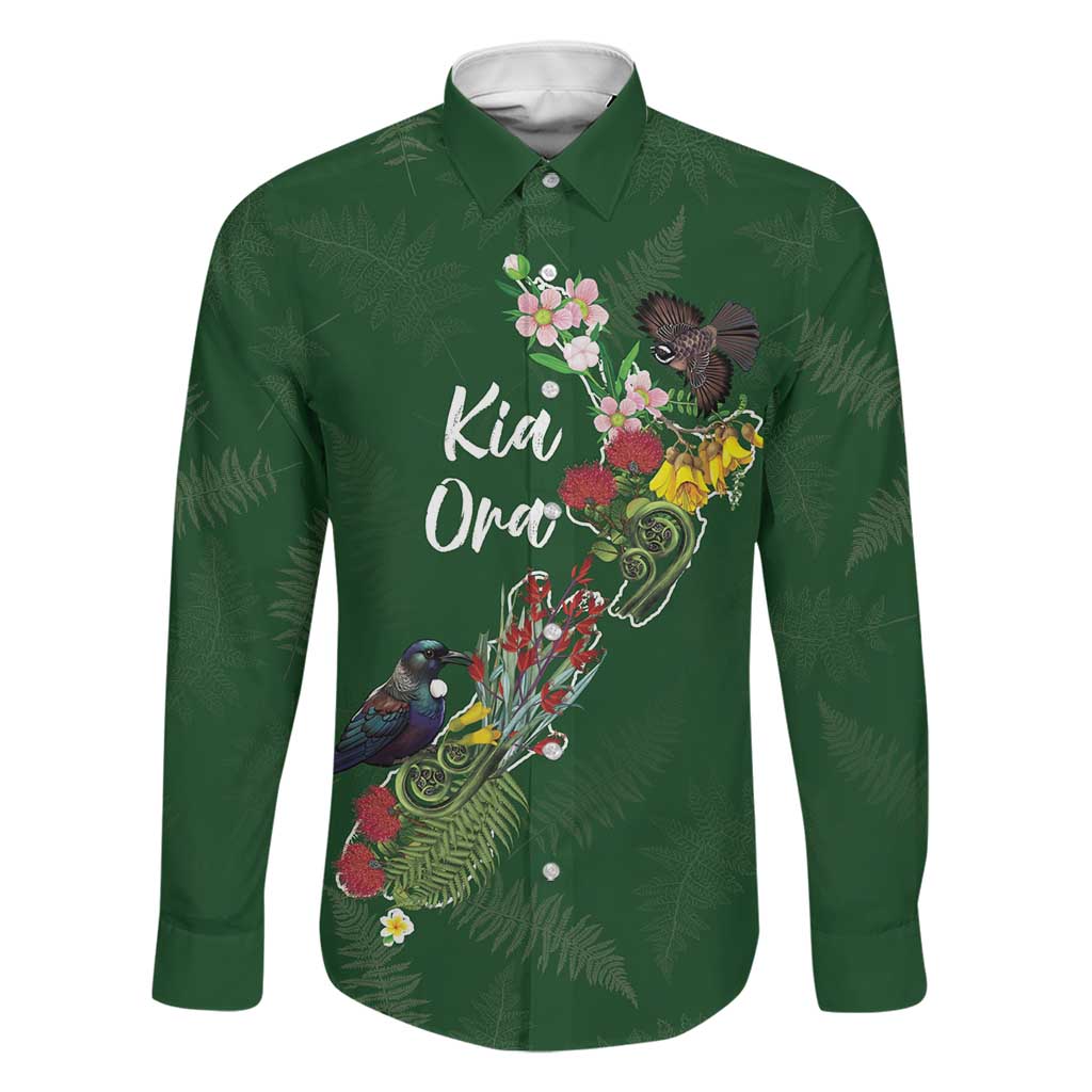 Kia Ora New Zealand Floral Personalized Family Matching Long Sleeve Bodycon Dress and Hawaiian Shirt Sage Green LT7 Dad's Shirt - Long Sleeve Sage Green - Polynesian Pride