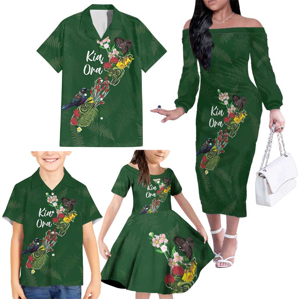 Kia Ora New Zealand Floral Personalized Family Matching Off The Shoulder Long Sleeve Dress and Hawaiian Shirt Sage Green LT7 - Polynesian Pride