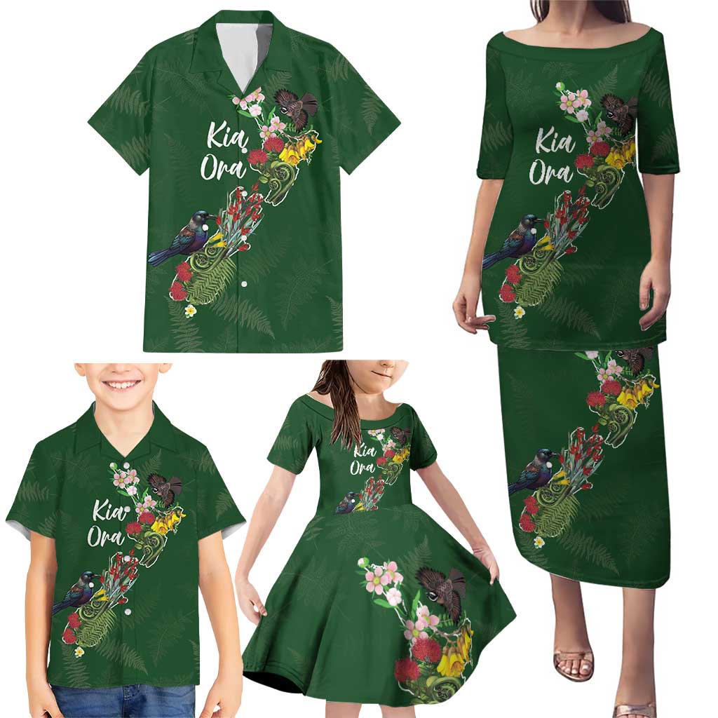 Kia Ora New Zealand Floral Personalized Family Matching Puletasi and Hawaiian Shirt Sage Green LT7 - Polynesian Pride