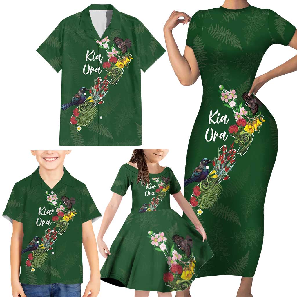 Kia Ora New Zealand Floral Personalized Family Matching Short Sleeve Bodycon Dress and Hawaiian Shirt Sage Green - Polynesian Pride