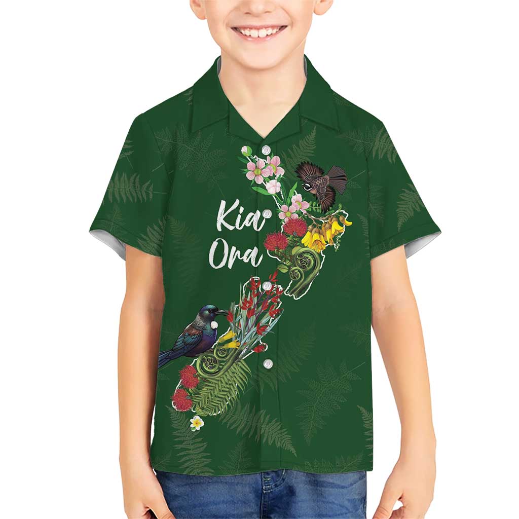Kia Ora New Zealand Floral Personalized Family Matching Short Sleeve Bodycon Dress and Hawaiian Shirt Sage Green LT7 Son's Shirt Sage Green - Polynesian Pride