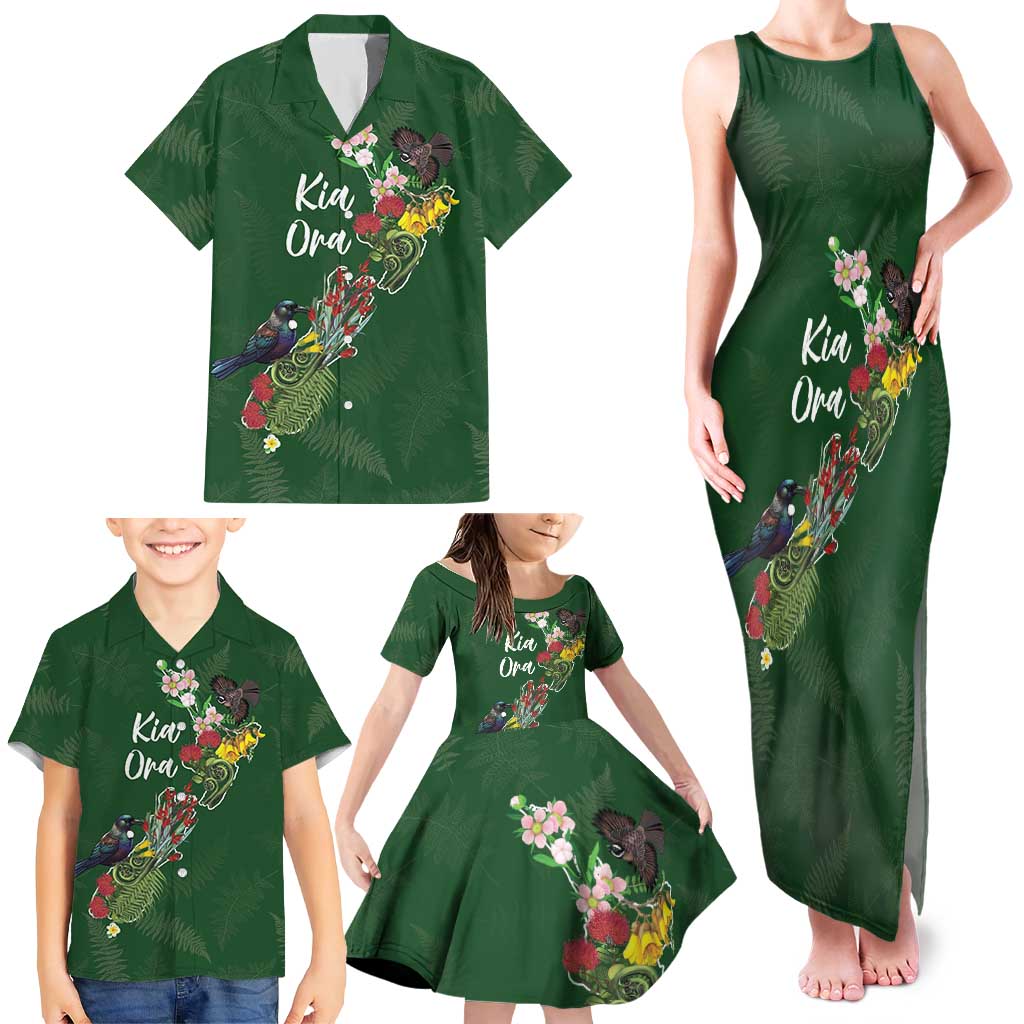 Kia Ora New Zealand Floral Personalized Family Matching Tank Maxi Dress and Hawaiian Shirt Sage Green LT7 - Polynesian Pride