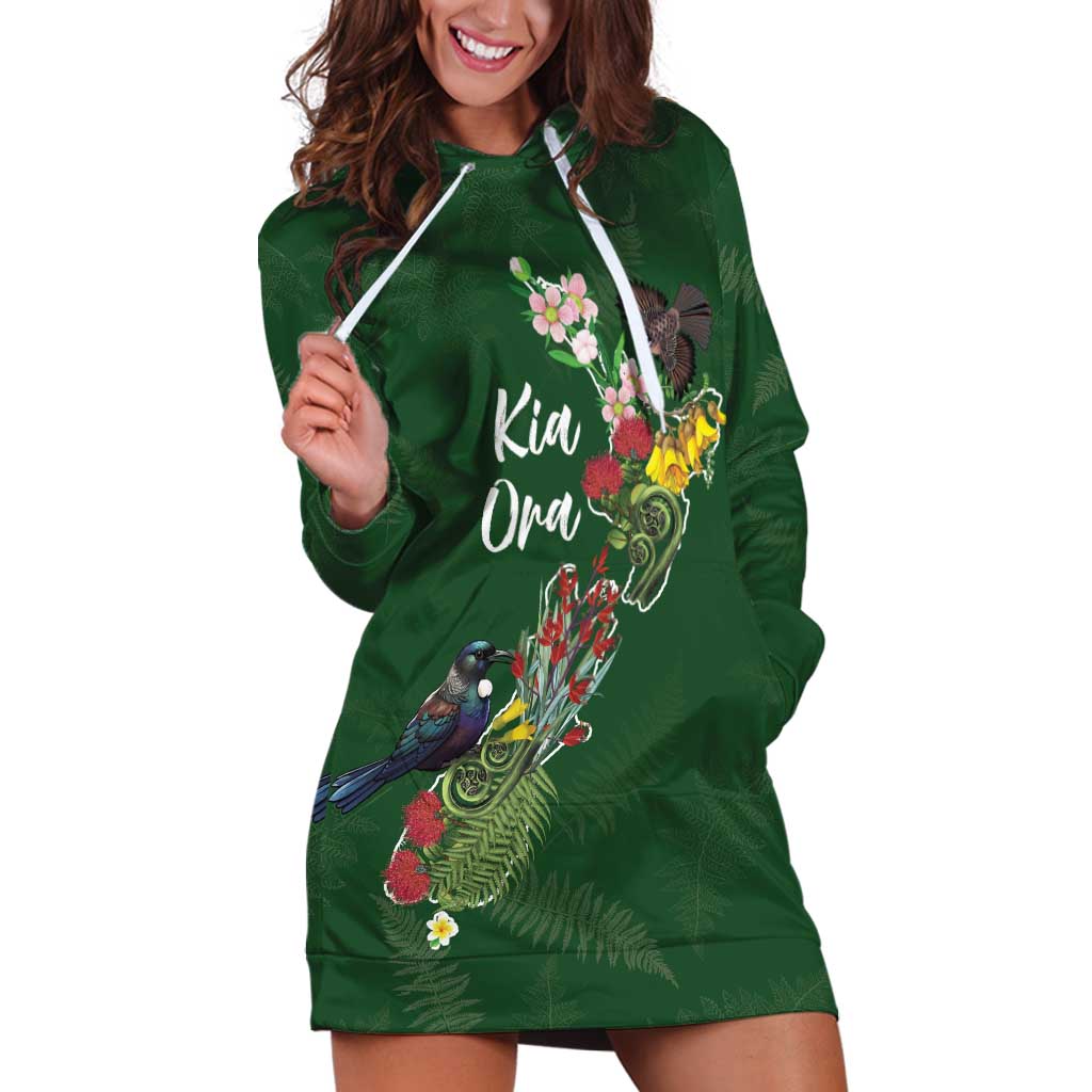 Kia Ora New Zealand Floral Personalized Hoodie Dress Sage Green - Polynesian Pride