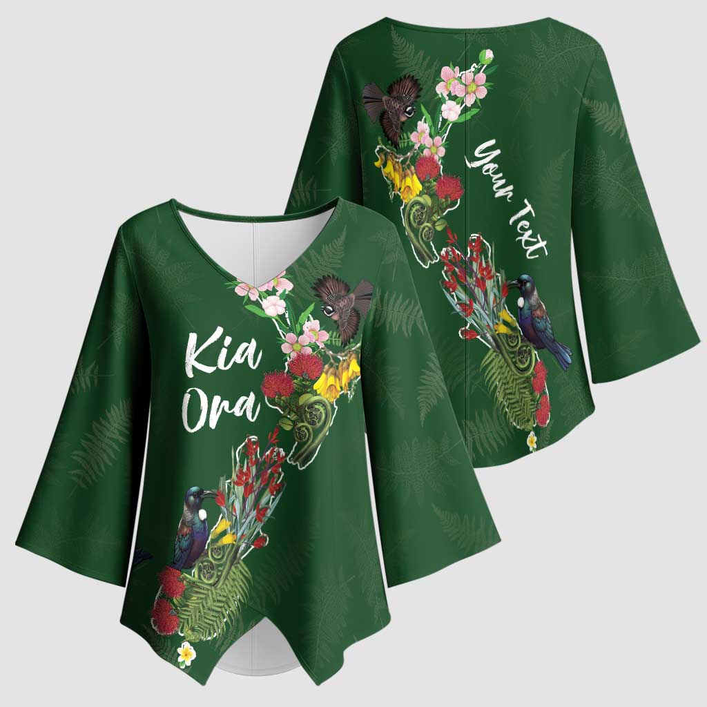Kia Ora New Zealand Floral Personalized Kimono Sleeve Blouse Sage Green LT7 - Polynesian Pride