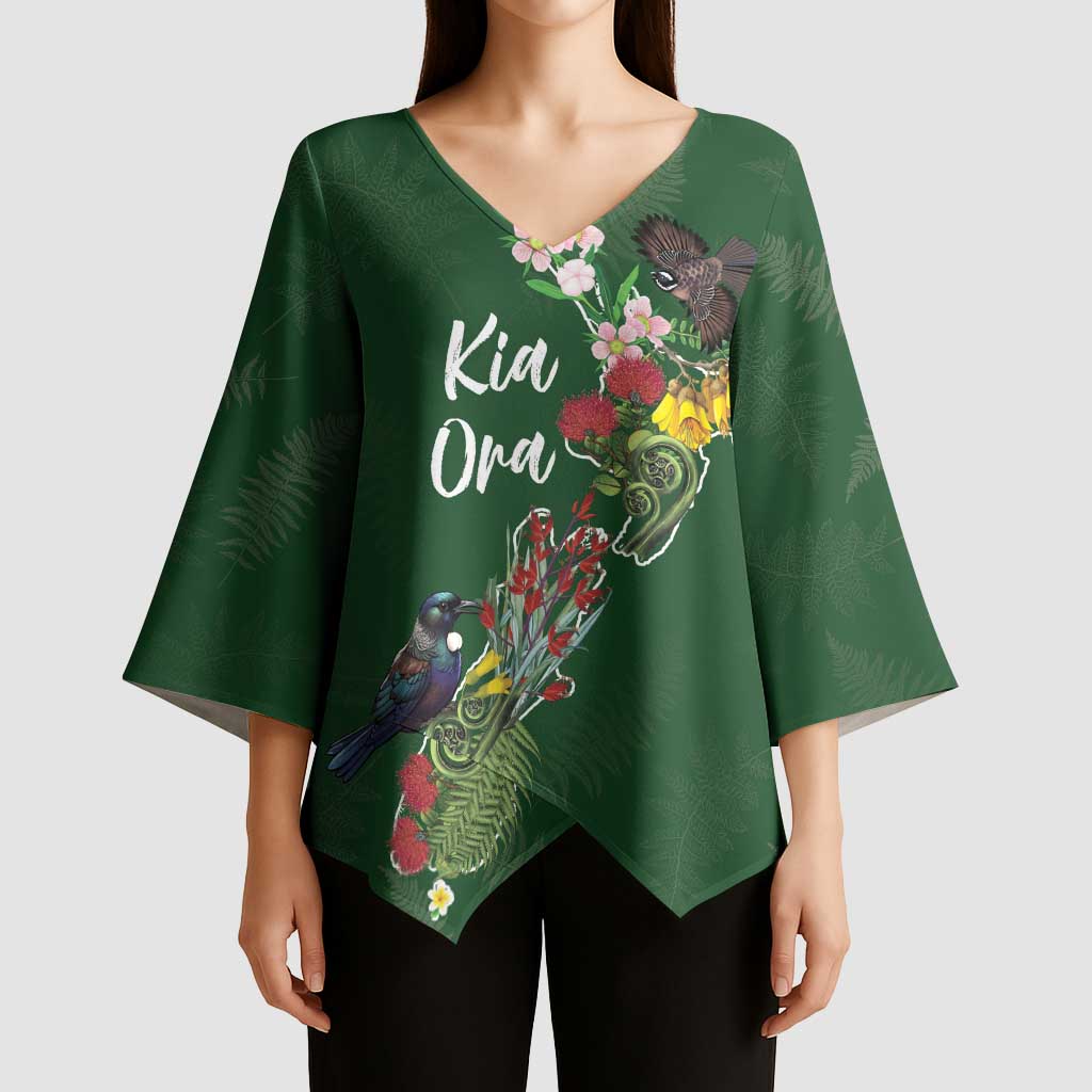 Kia Ora New Zealand Floral Personalized Kimono Sleeve Blouse Sage Green LT7 - Polynesian Pride