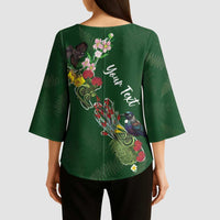 Kia Ora New Zealand Floral Personalized Kimono Sleeve Blouse Sage Green LT7 - Polynesian Pride