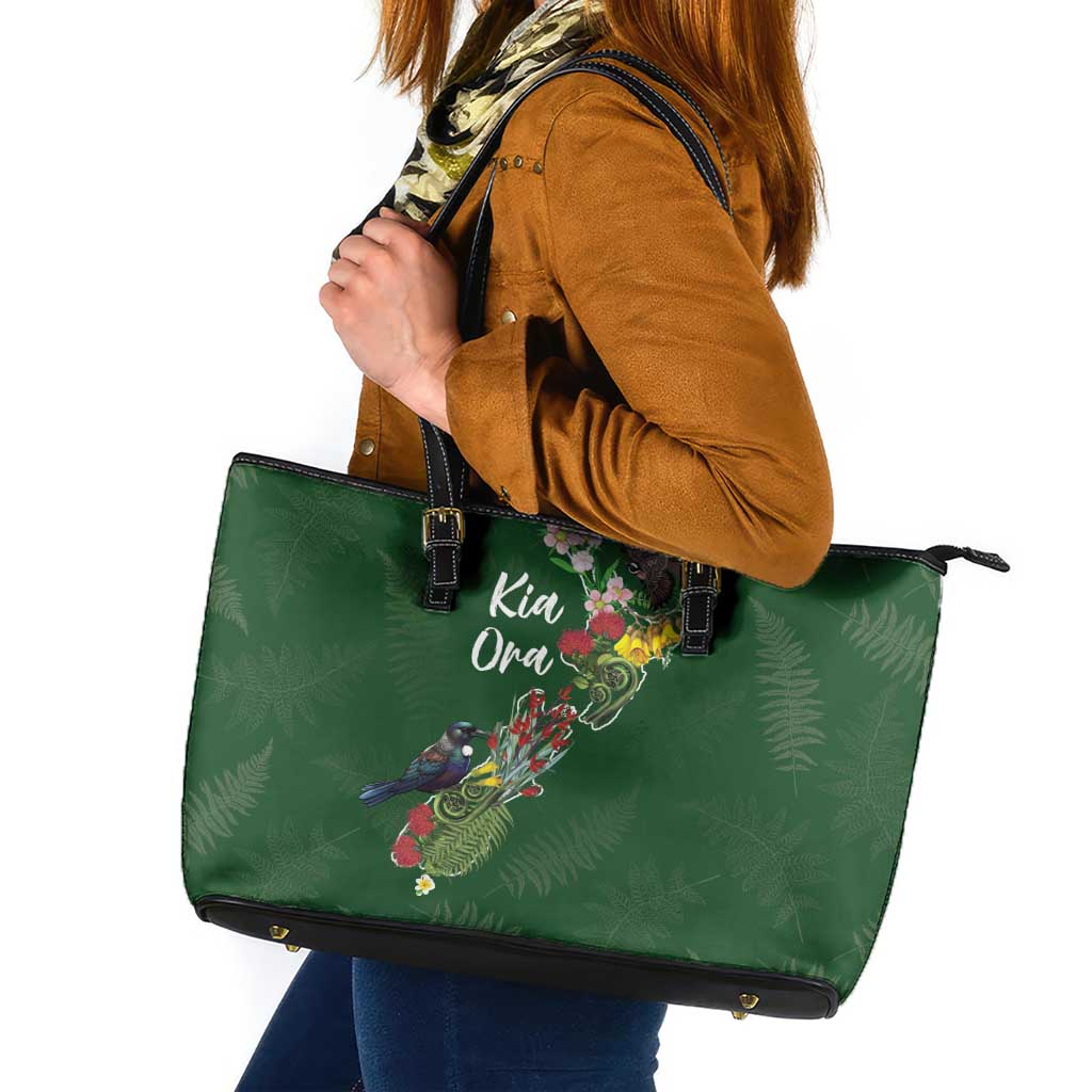 Kia Ora New Zealand Floral Leather Tote Bag Sage Green - Polynesian Pride