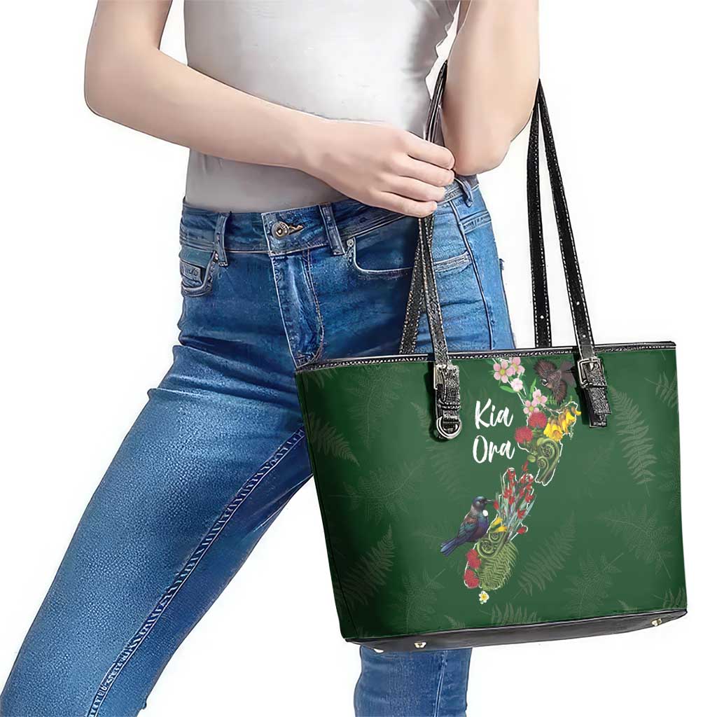 Kia Ora New Zealand Floral Leather Tote Bag Sage Green - Polynesian Pride