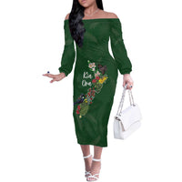 Kia Ora New Zealand Floral Personalized Off The Shoulder Long Sleeve Dress Sage Green - Polynesian Pride
