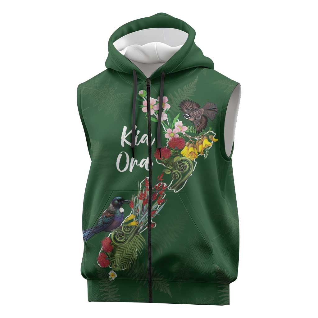 Kia Ora New Zealand Floral Personalized Sleeveless Zip Hoodie Sage Green - Polynesian Pride