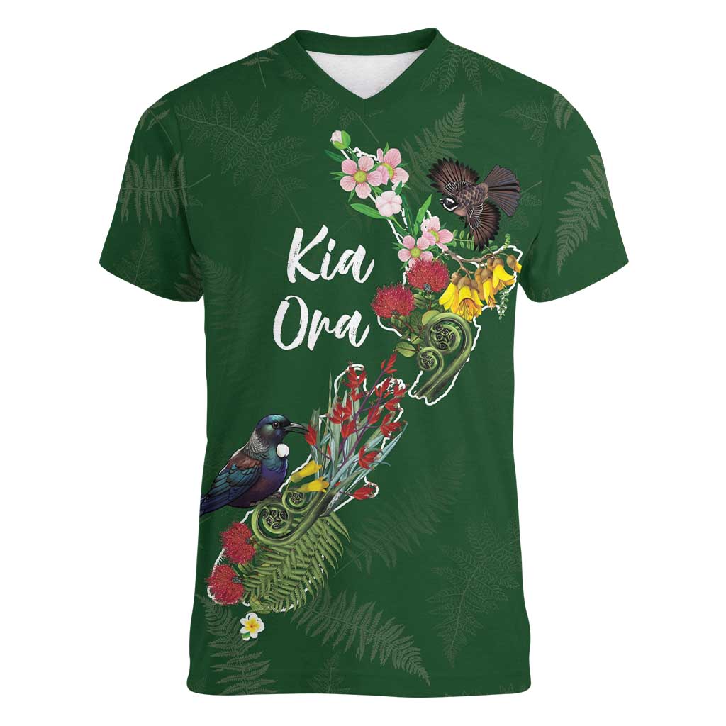Kia Ora New Zealand Floral Personalized Women V-Neck T-Shirt Sage Green - Polynesian Pride