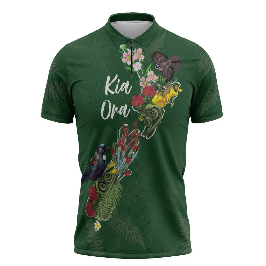 Kia Ora New Zealand Floral Personalized Zipper Polo Shirt Sage Green - Polynesian Pride