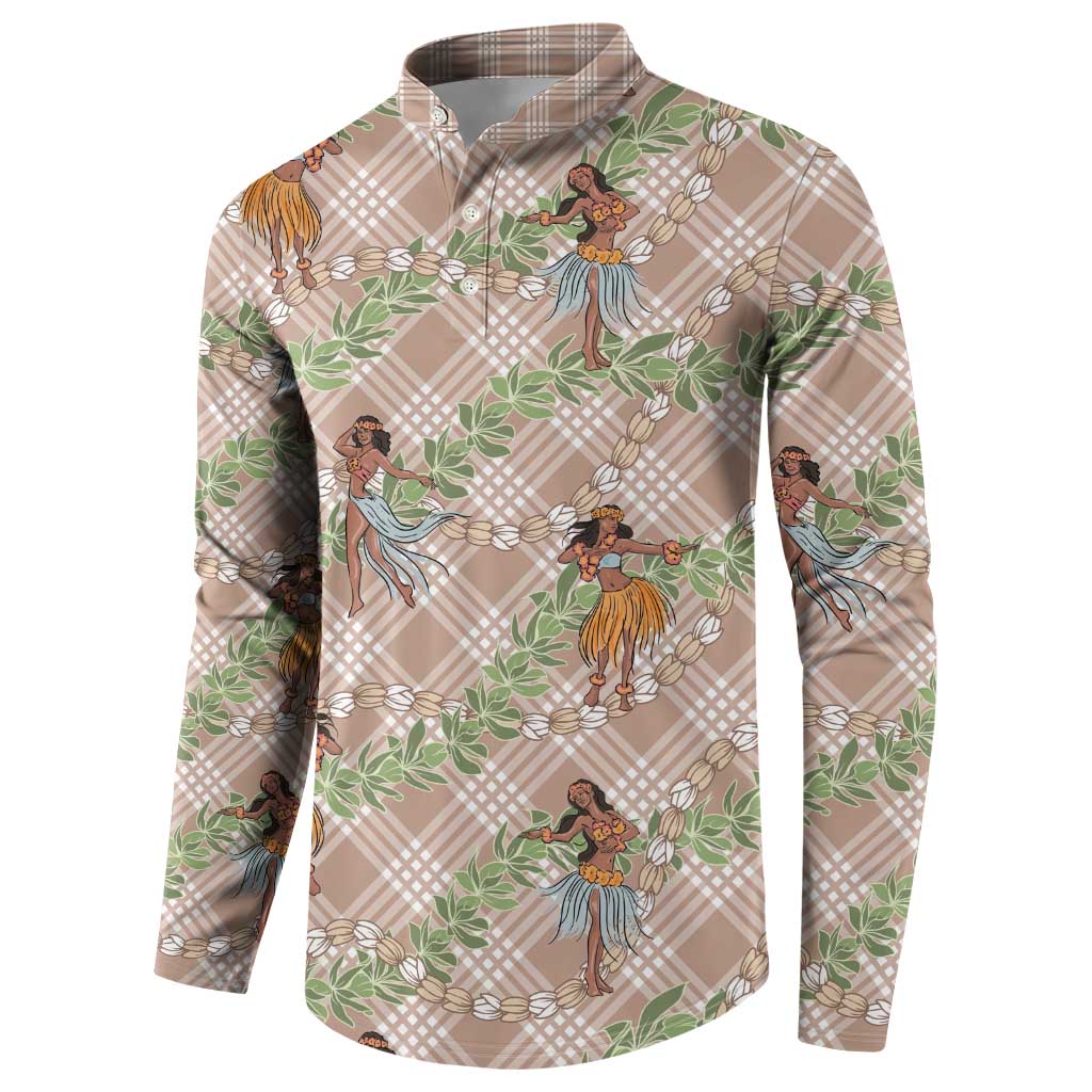 Beige Palaka Hula Girls Seamless Hawaii Aloha Button Sweatshirt - Polynesian Pride