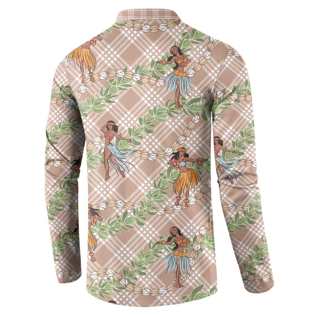 Beige Palaka Hula Girls Seamless Hawaii Aloha Button Sweatshirt - Polynesian Pride