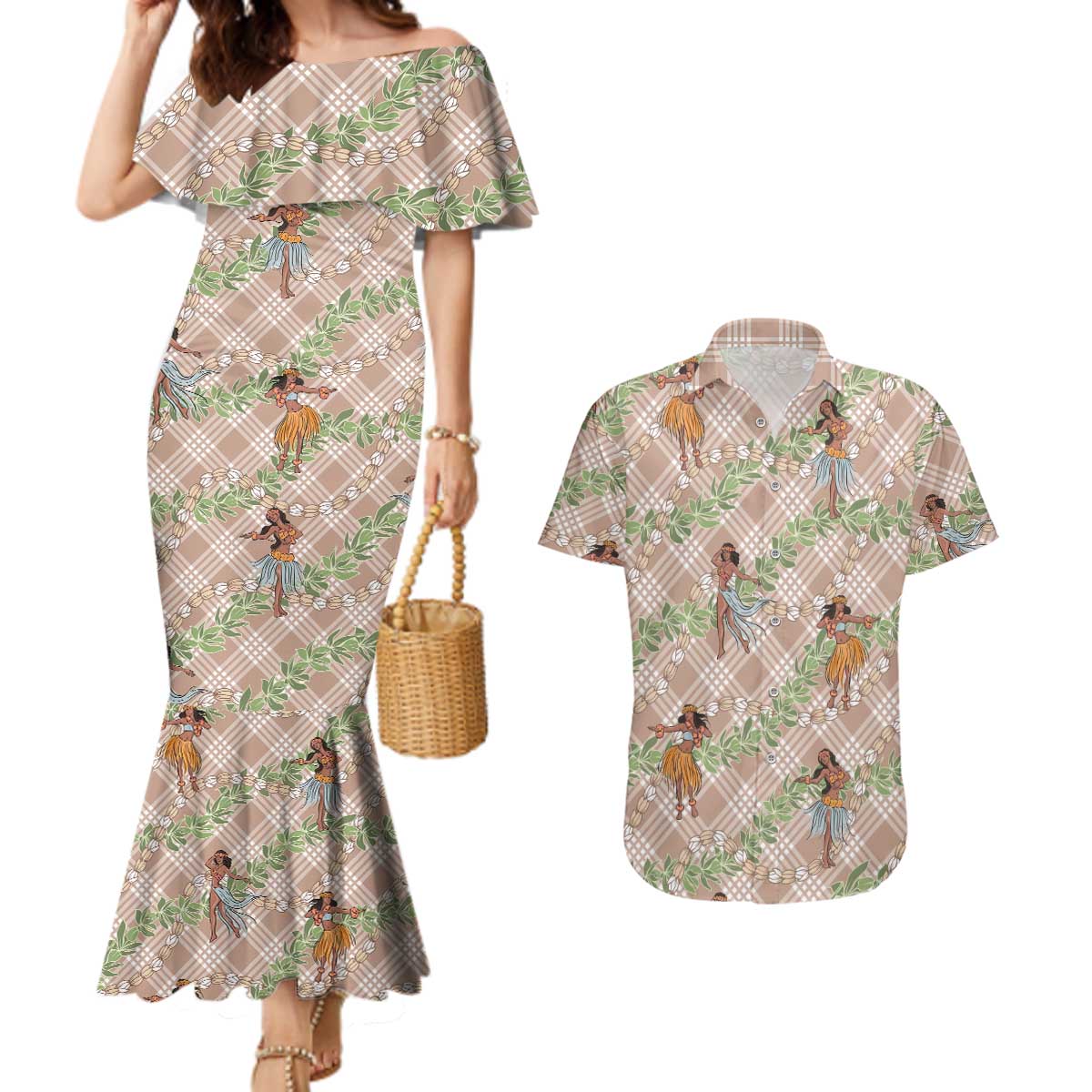 Beige Palaka Hula Girls Seamless Hawaii Aloha Couples Matching Mermaid Dress and Hawaiian Shirt - Polynesian Pride