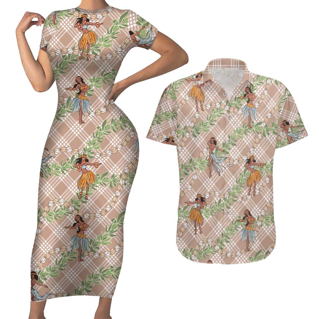 Beige Palaka Hula Girls Seamless Hawaii Aloha Couples Matching Short Sleeve Bodycon Dress and Hawaiian Shirt LT7 Beige - Polynesian Pride
