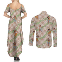 Beige Palaka Hula Girls Seamless Hawaii Aloha Couples Matching Summer Maxi Dress and Long Sleeve Button Shirt - Polynesian Pride