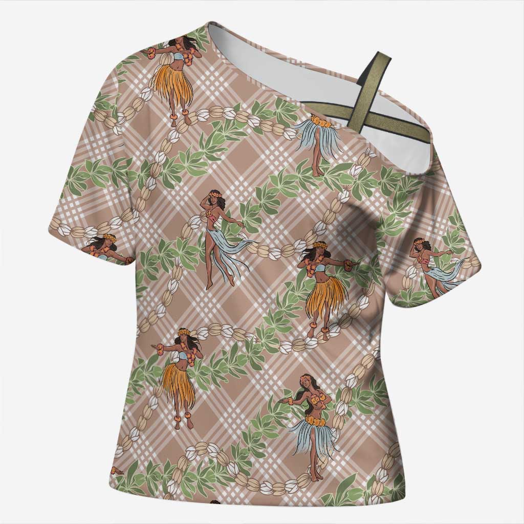 Beige Palaka Hula Girls Seamless Hawaii Aloha Cross Shoulder Shirt - Polynesian Pride