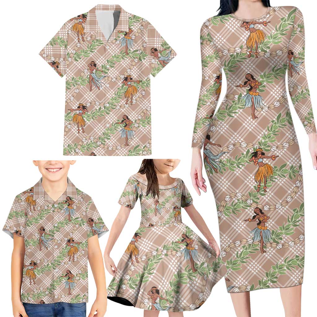 Beige Palaka Hula Girls Seamless Hawaii Aloha Family Matching Long Sleeve Bodycon Dress and Hawaiian Shirt LT7 - Polynesian Pride