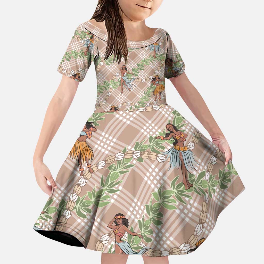 Beige Palaka Hula Girls Seamless Hawaii Aloha Family Matching Mermaid Dress and Hawaiian Shirt LT7 Daughter's Dress Beige - Polynesian Pride