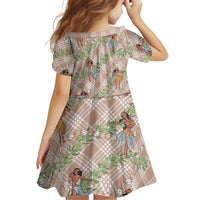 Beige Palaka Hula Girls Seamless Hawaii Aloha Family Matching Off The Shoulder Long Sleeve Dress and Hawaiian Shirt LT7 - Polynesian Pride