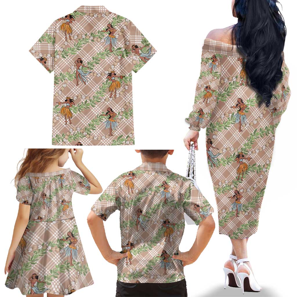 Beige Palaka Hula Girls Seamless Hawaii Aloha Family Matching Off The Shoulder Long Sleeve Dress and Hawaiian Shirt LT7 - Polynesian Pride