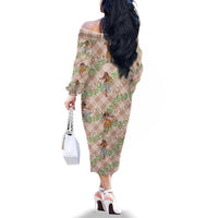 Beige Palaka Hula Girls Seamless Hawaii Aloha Family Matching Off The Shoulder Long Sleeve Dress and Hawaiian Shirt LT7 - Polynesian Pride
