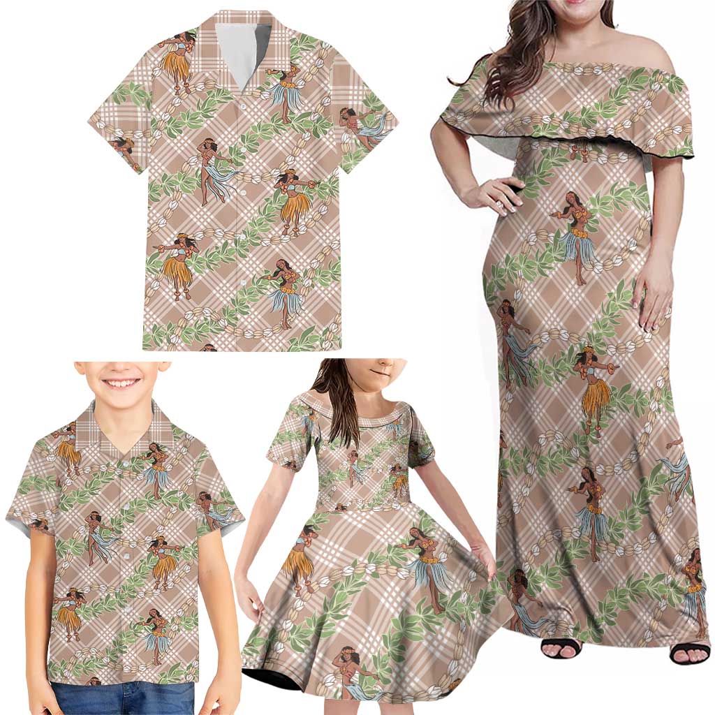 Beige Palaka Hula Girls Seamless Hawaii Aloha Family Matching Off Shoulder Maxi Dress and Hawaiian Shirt LT7 - Polynesian Pride