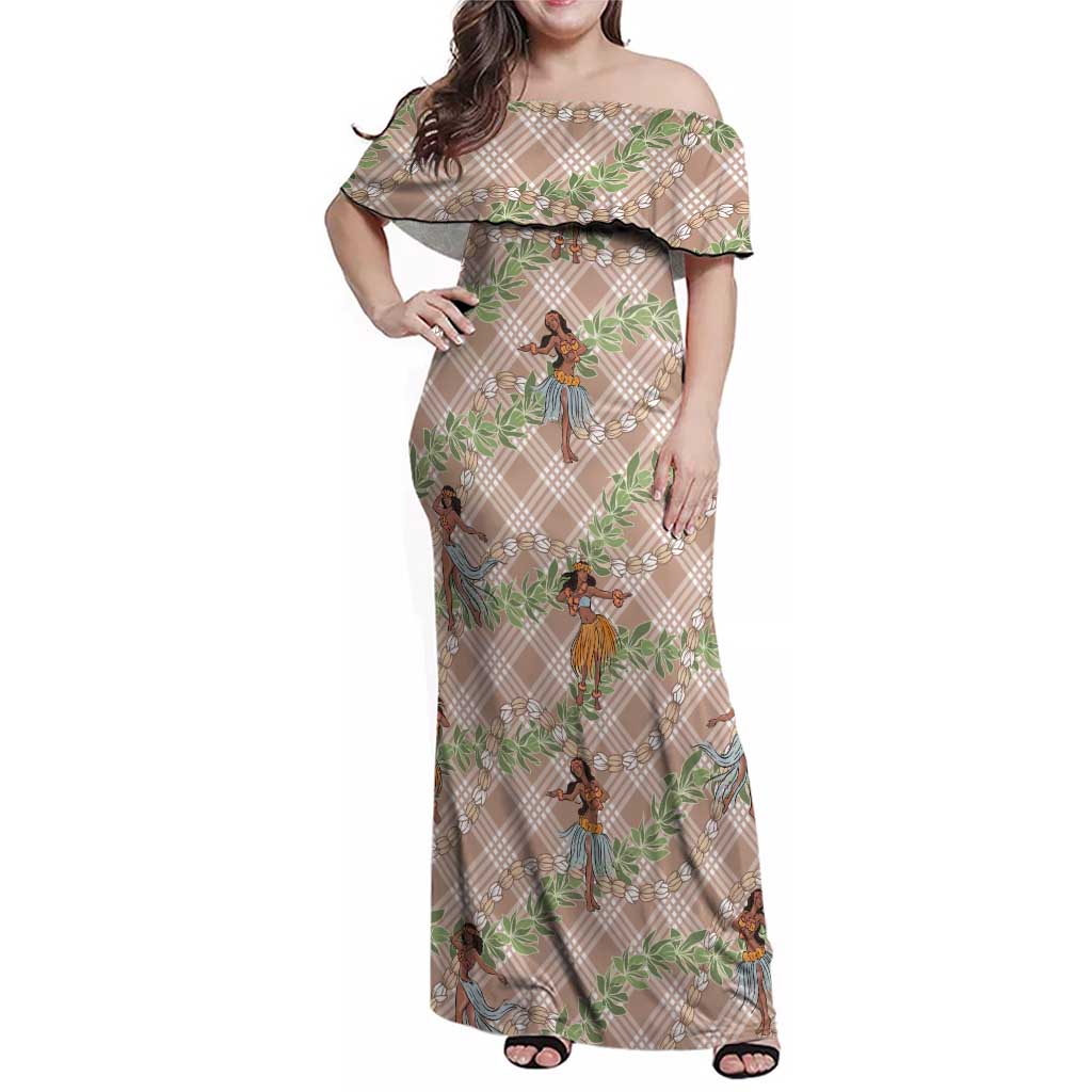Beige Palaka Hula Girls Seamless Hawaii Aloha Family Matching Off Shoulder Maxi Dress and Hawaiian Shirt LT7 Mom's Dress Beige - Polynesian Pride