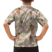 Beige Palaka Hula Girls Seamless Hawaii Aloha Family Matching Off Shoulder Short Dress and Hawaiian Shirt LT7 - Polynesian Pride