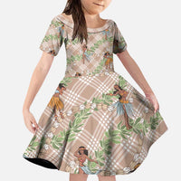 Beige Palaka Hula Girls Seamless Hawaii Aloha Family Matching Off Shoulder Short Dress and Hawaiian Shirt LT7 Daughter's Dress Beige - Polynesian Pride