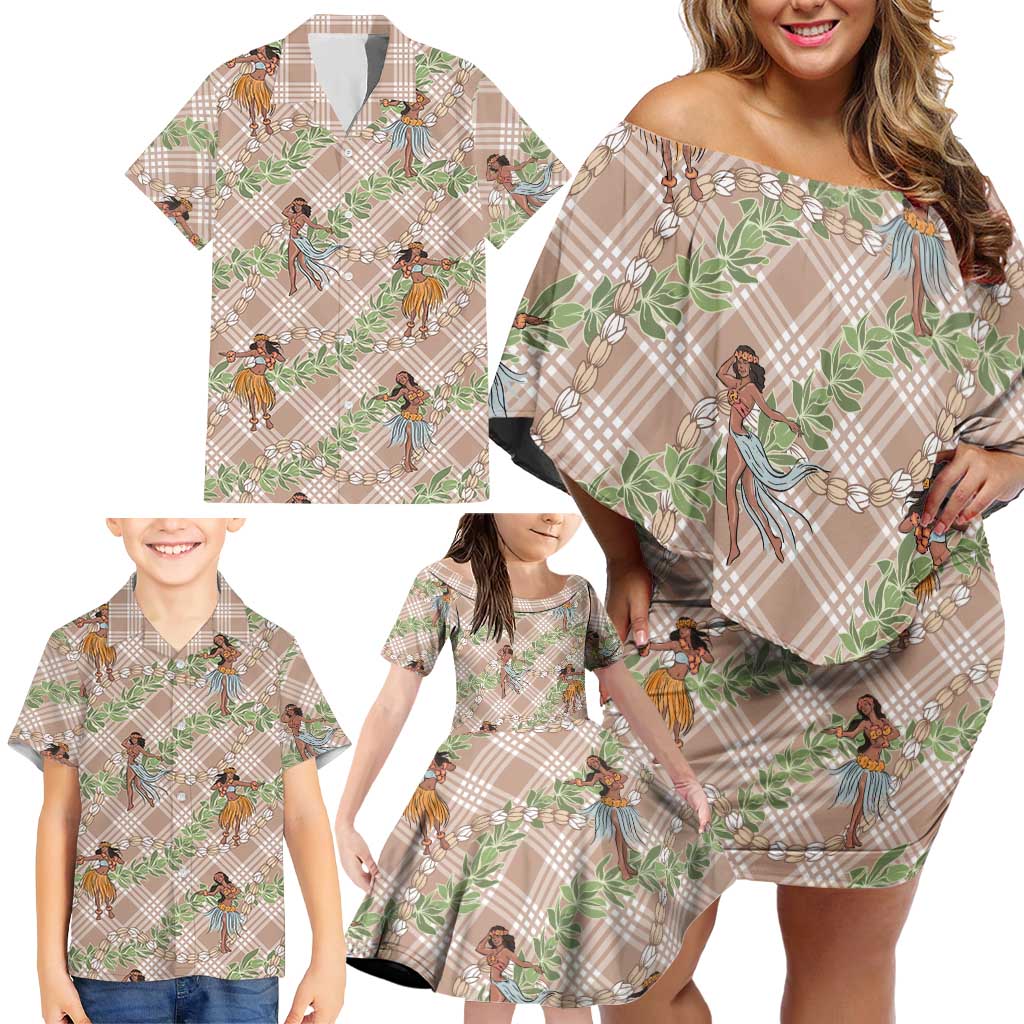 Beige Palaka Hula Girls Seamless Hawaii Aloha Family Matching Off Shoulder Short Dress and Hawaiian Shirt LT7 - Polynesian Pride