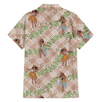 Beige Palaka Hula Girls Seamless Hawaii Aloha Family Matching Off Shoulder Short Dress and Hawaiian Shirt LT7 - Polynesian Pride