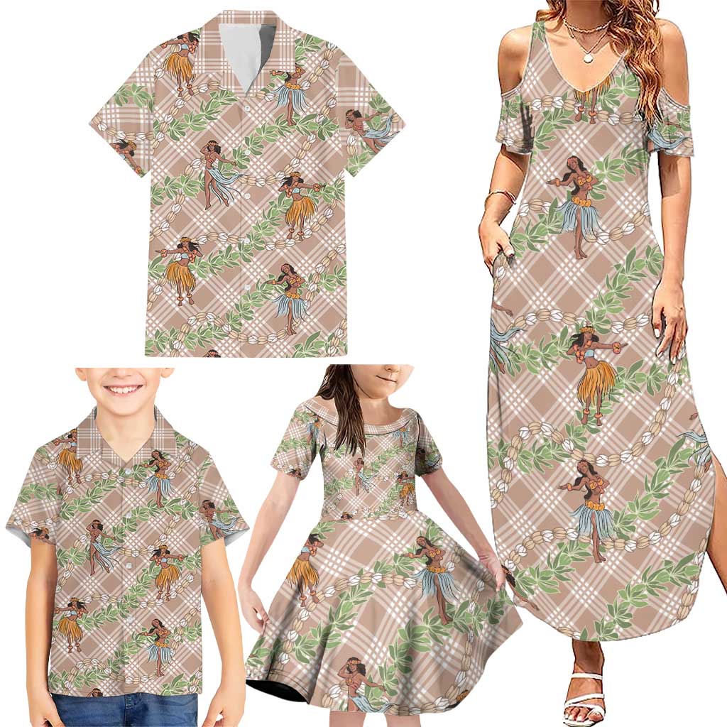 Beige Palaka Hula Girls Seamless Hawaii Aloha Family Matching Summer Maxi Dress and Hawaiian Shirt LT7 - Polynesian Pride